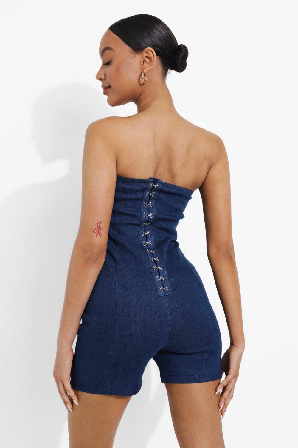 Hook Eye Stretch Denim Romper boohoo UK